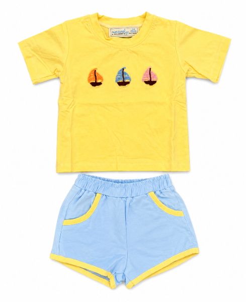 Sunny Sails Hand French Knot Boy Short Set