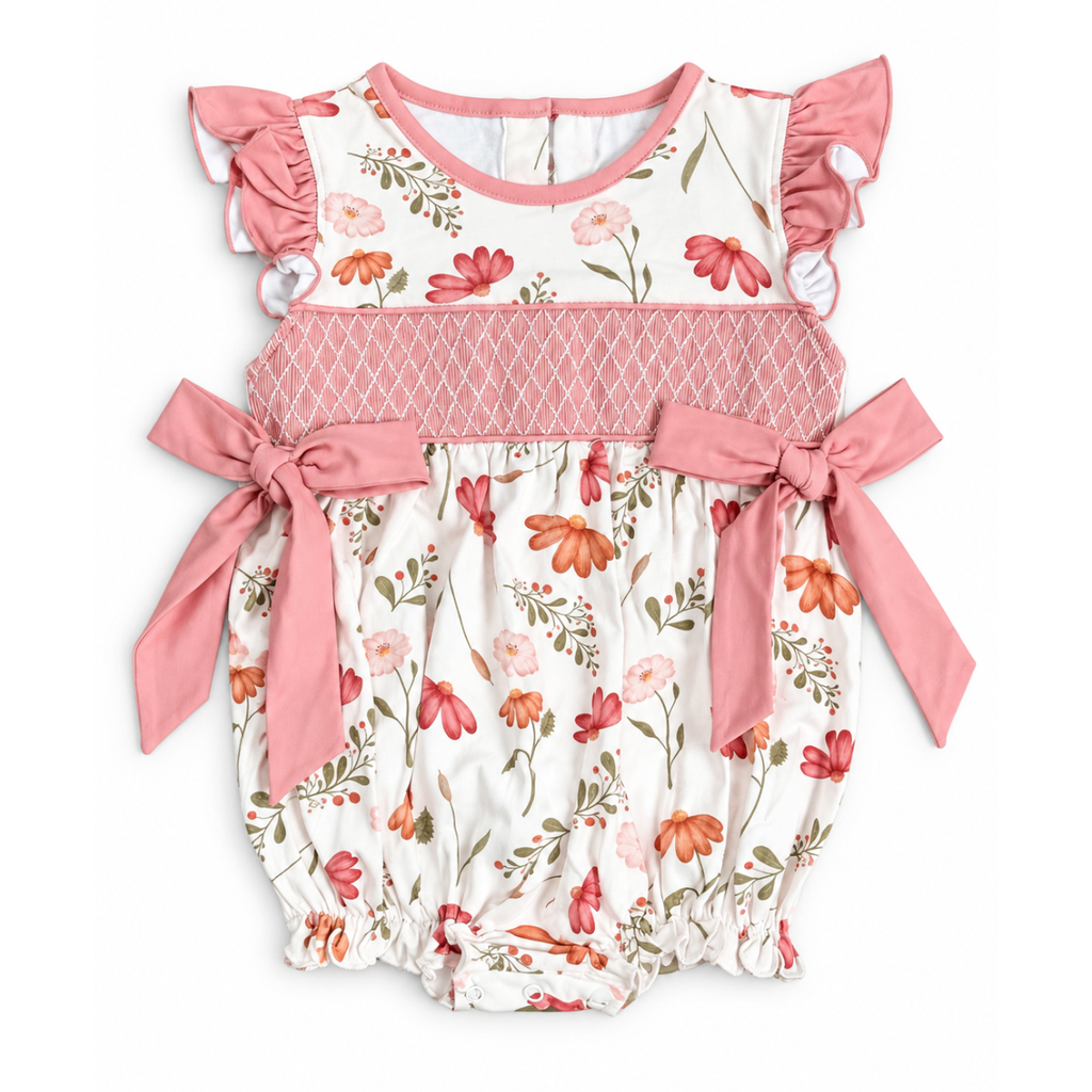 Girls Hand Smocked Coral Floral Bubble