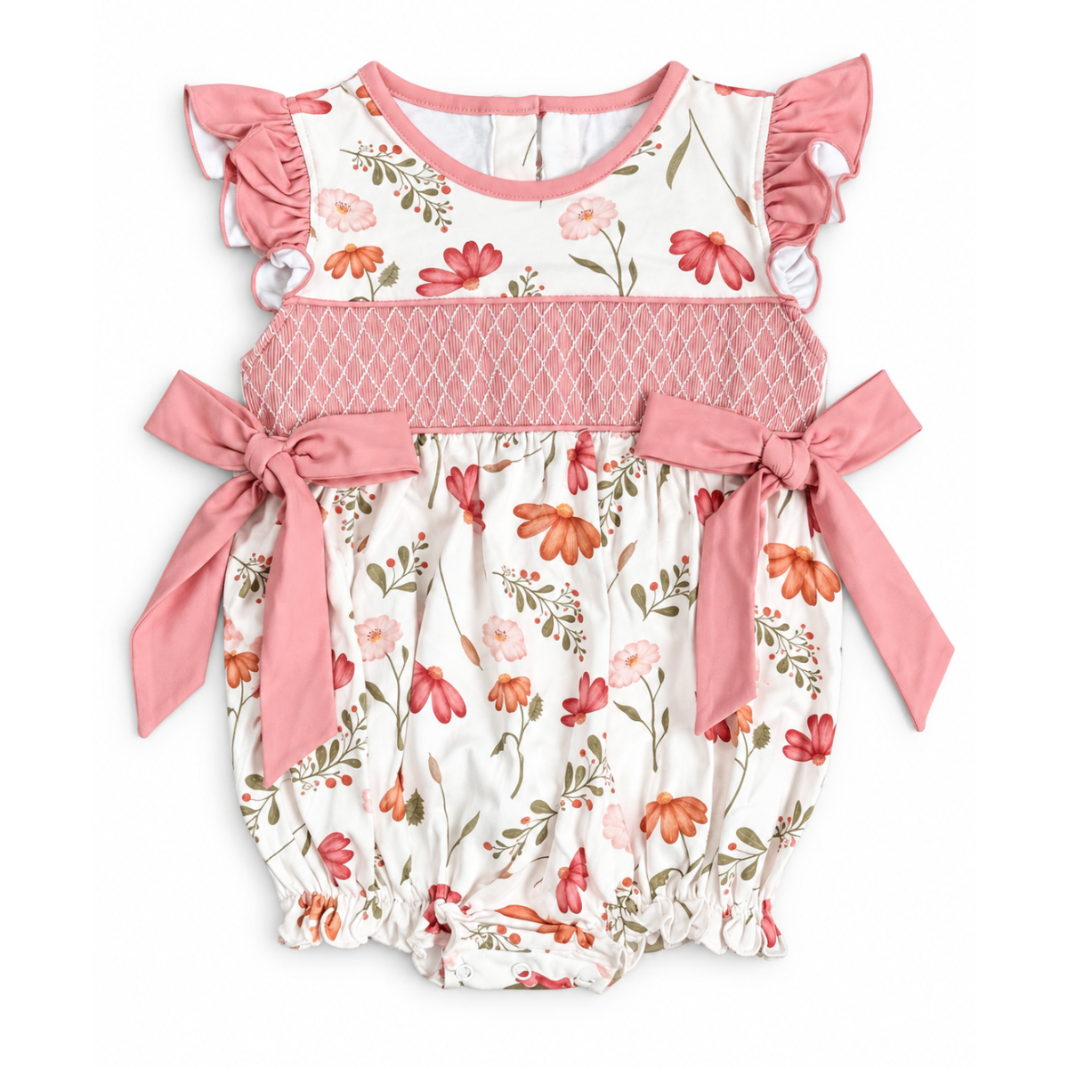 Girls Hand Smocked Coral Floral Bubble