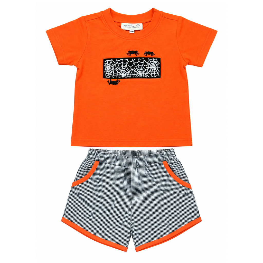 Halloween Cobweb Hand Smocked Shorts Set