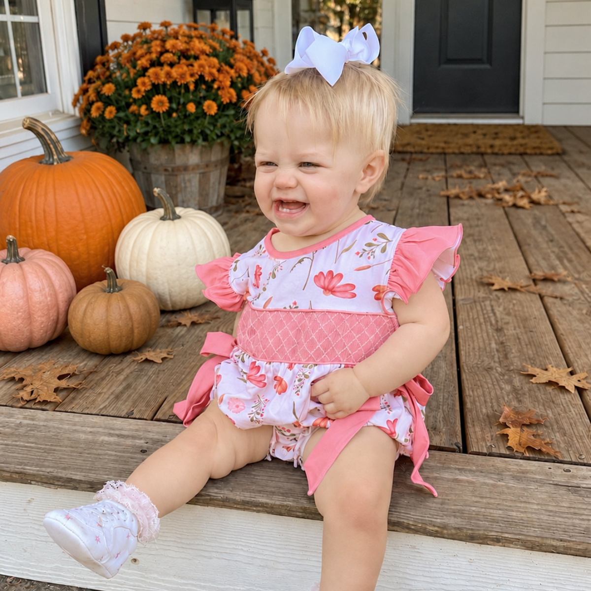 Girls Hand Smocked Coral Floral Bubble