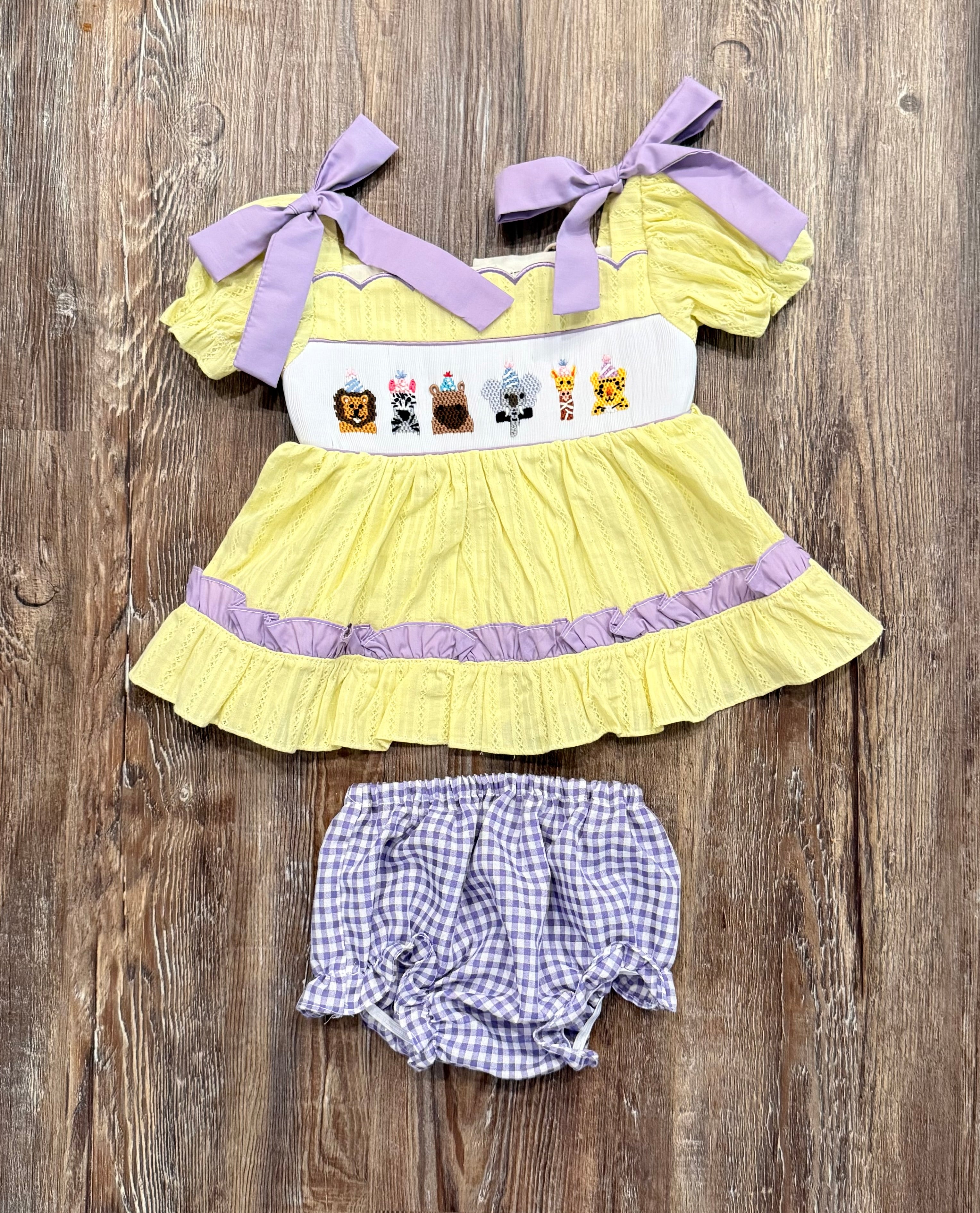 Safari Birthday Smocked Girls Bloomie Set
