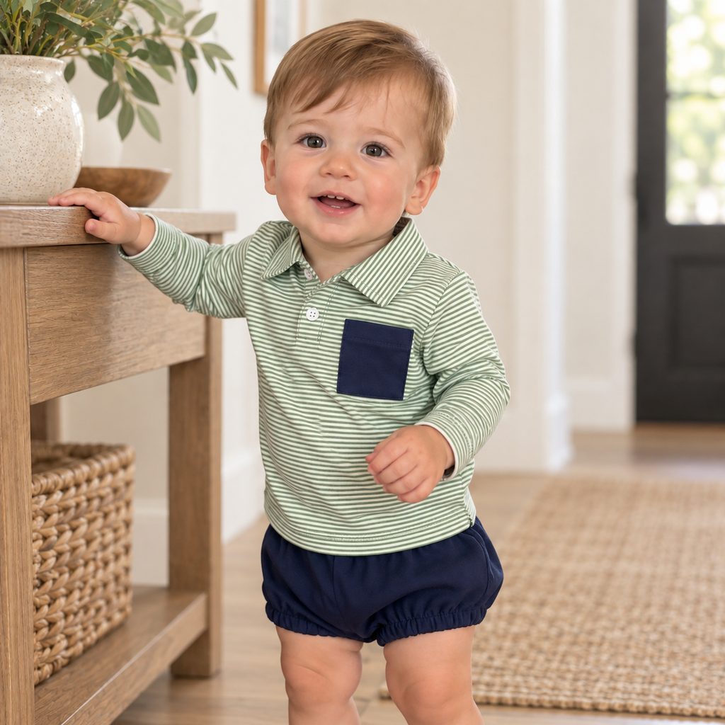 Boys Striped Polo & Navy Bubble Short Set - ETA November 2026