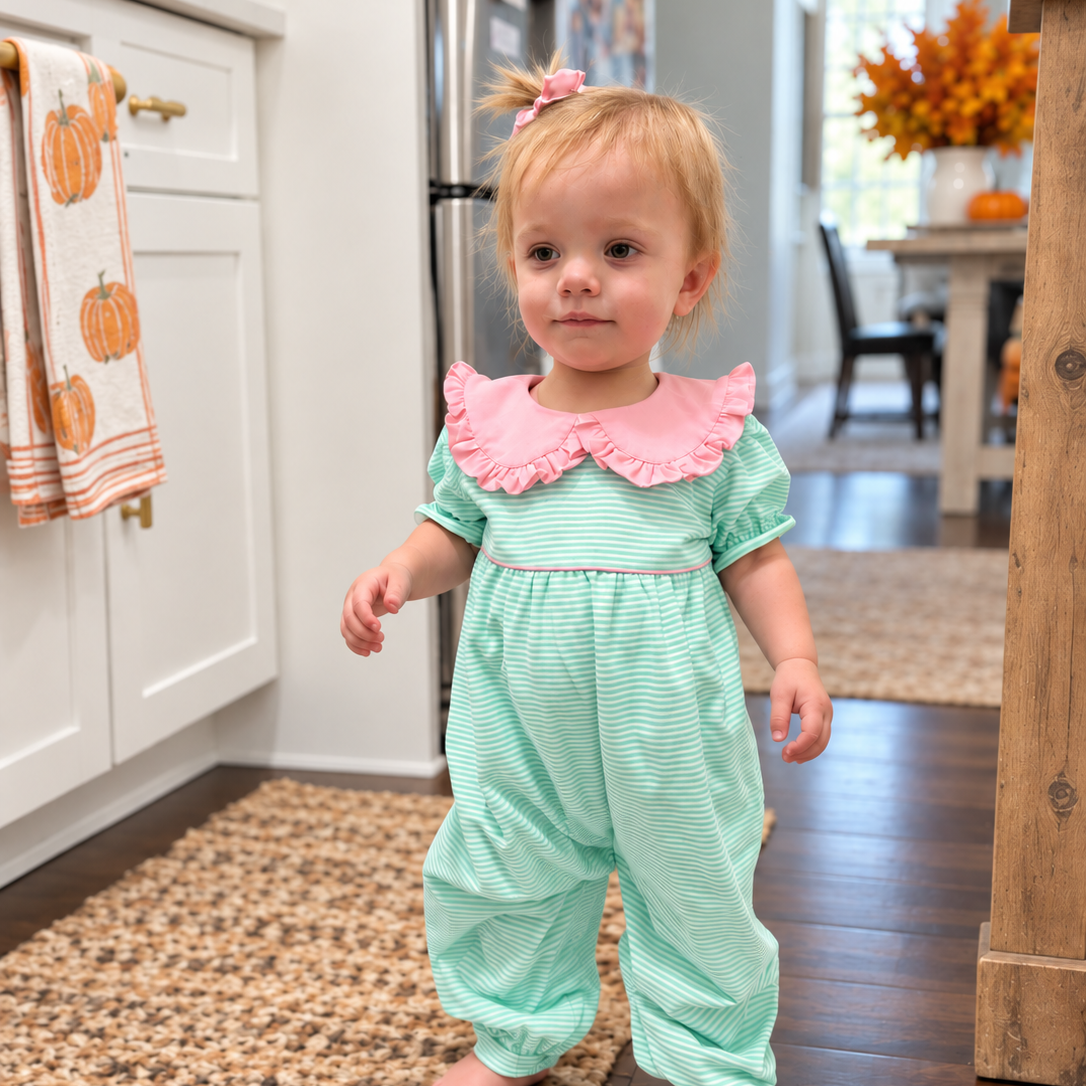 Girls Striped Teal & Pink Collared Romper - ETA November 2026