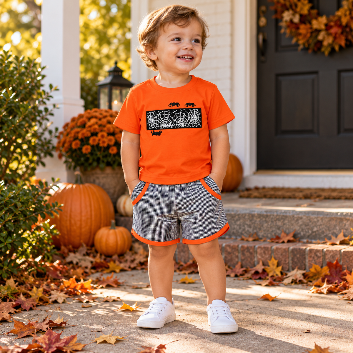 Halloween Cobweb Hand Smocked Shorts Set