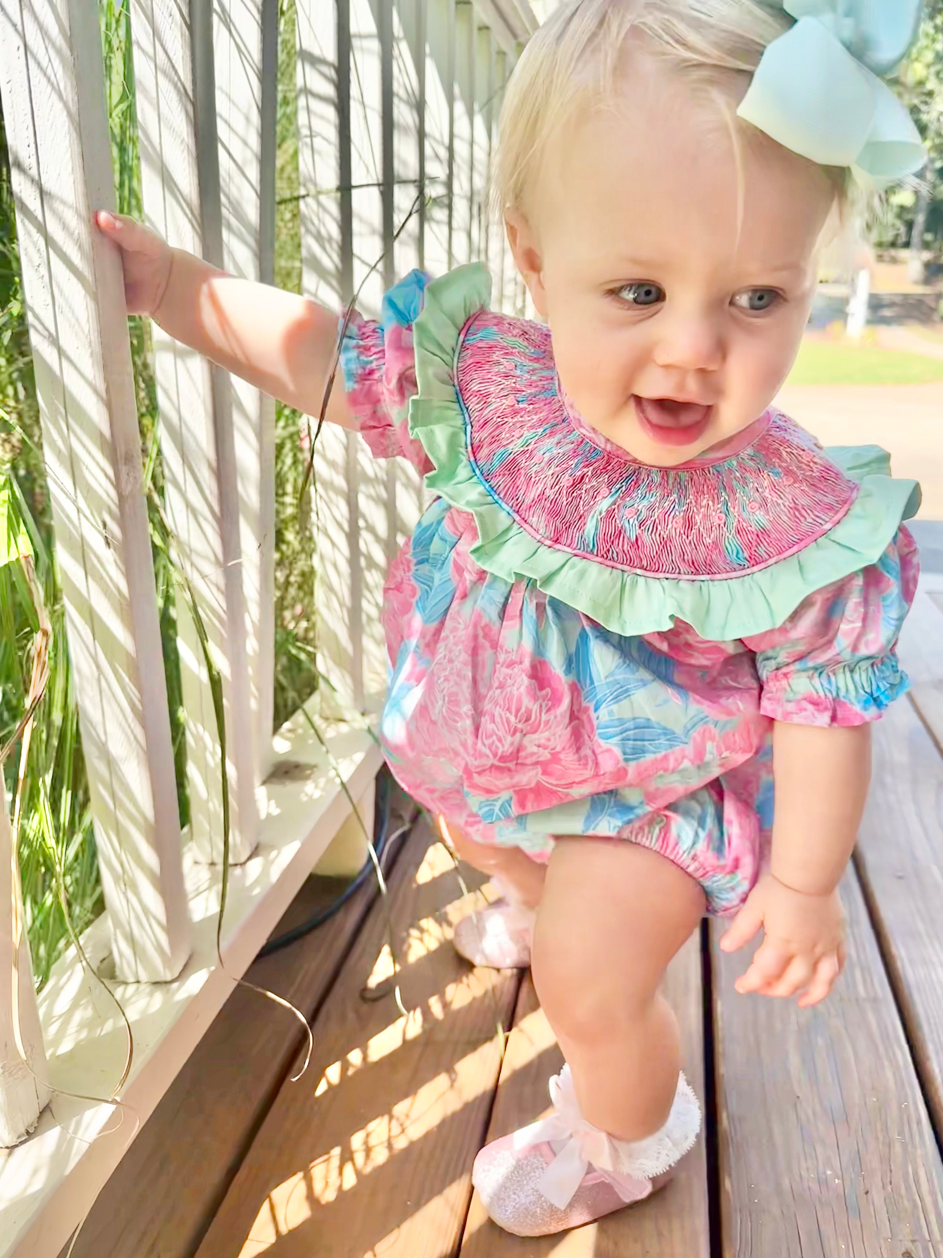 Hand Smocked Tropical Floral Bubble