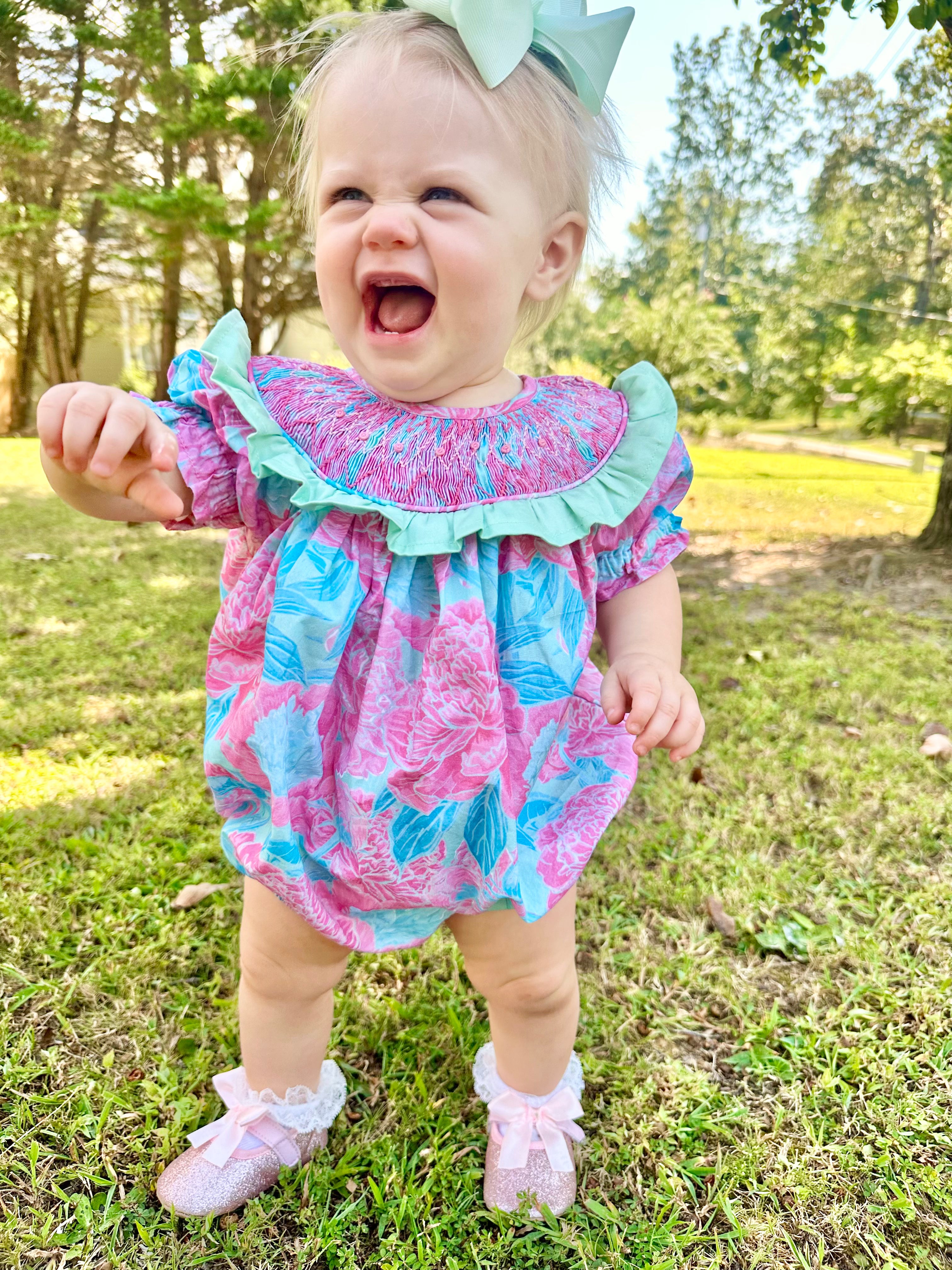 Hand Smocked Tropical Floral Bubble