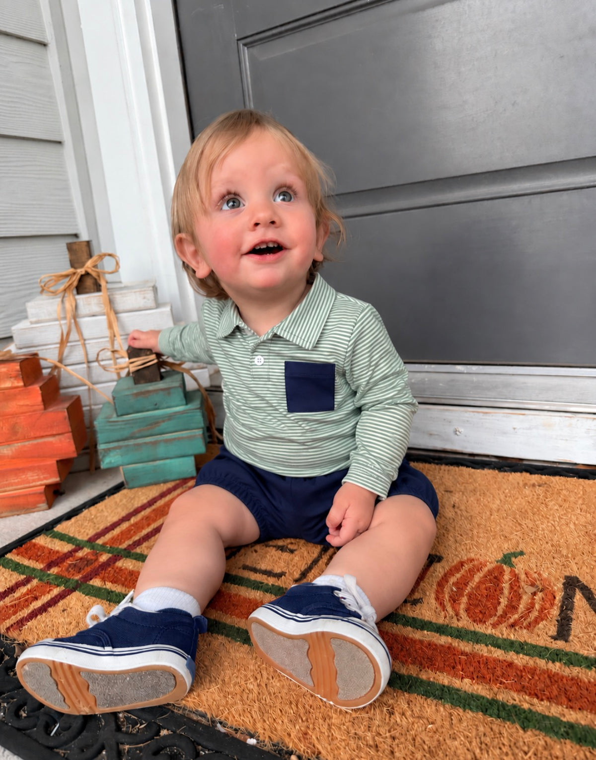 Boys Striped Polo & Navy Bubble Short Set - ETA November 2026