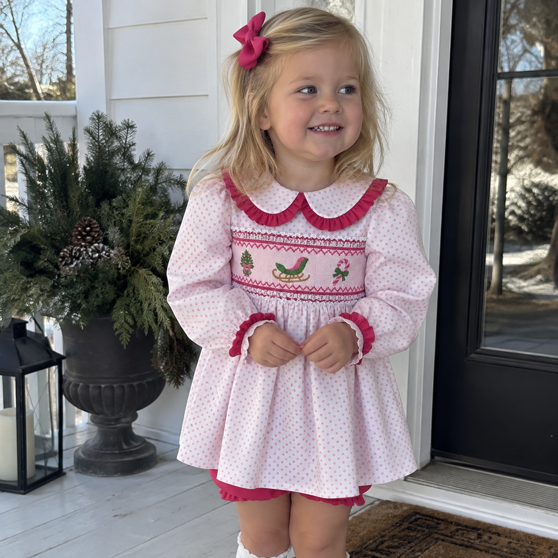 Girls Smocked Pink Christmas Bloomer Set - ETA November 2026