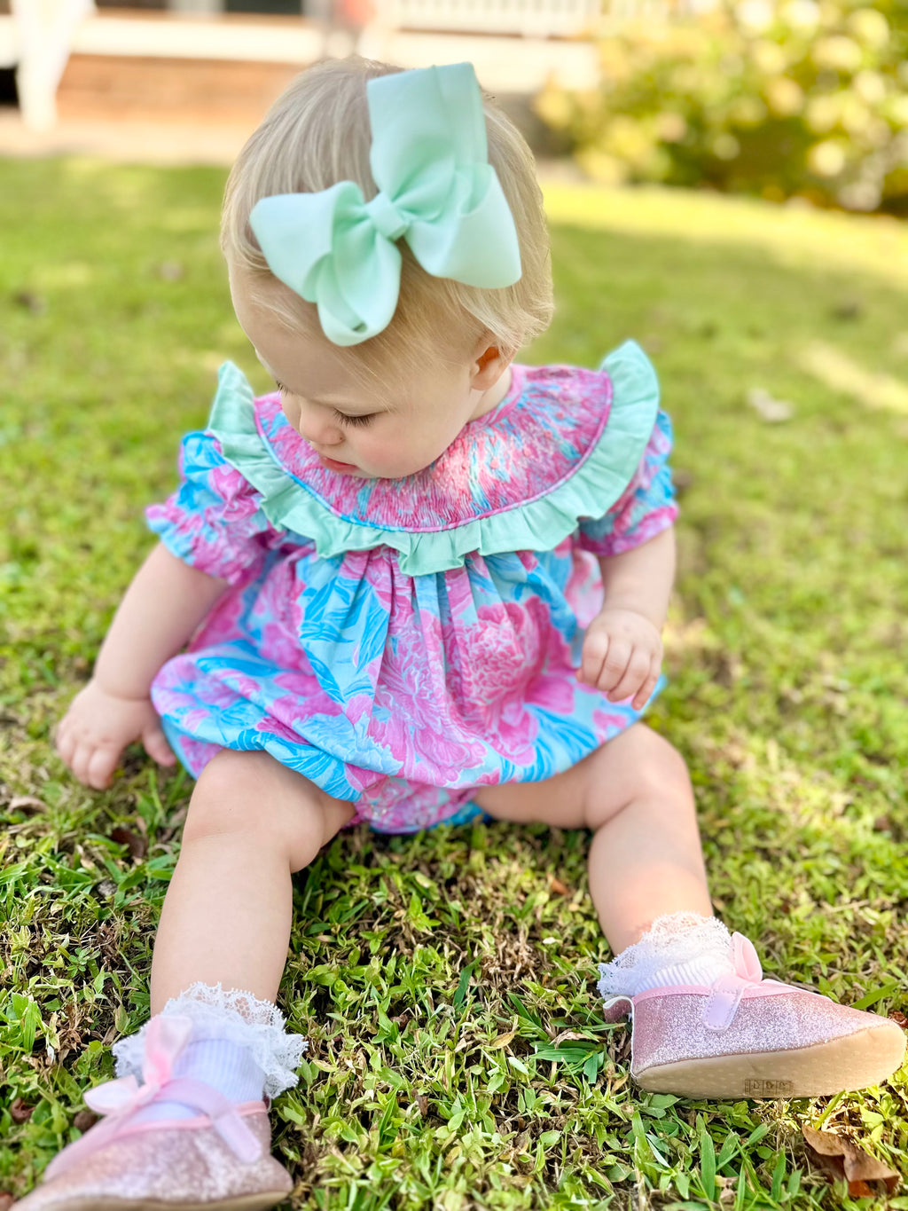 Hand Smocked Tropical Floral Bubble