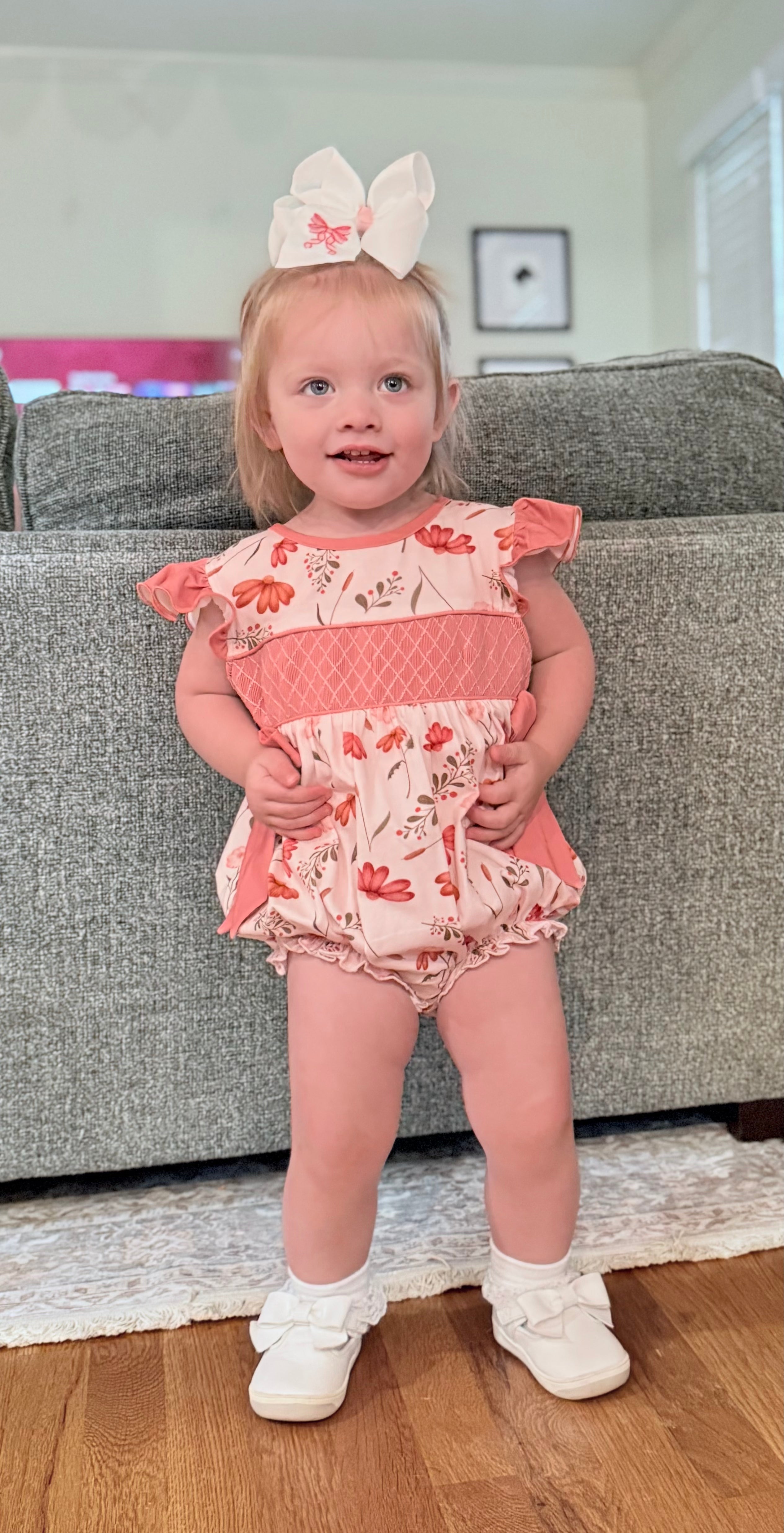 Hand Smocked Coral Floral Bubble