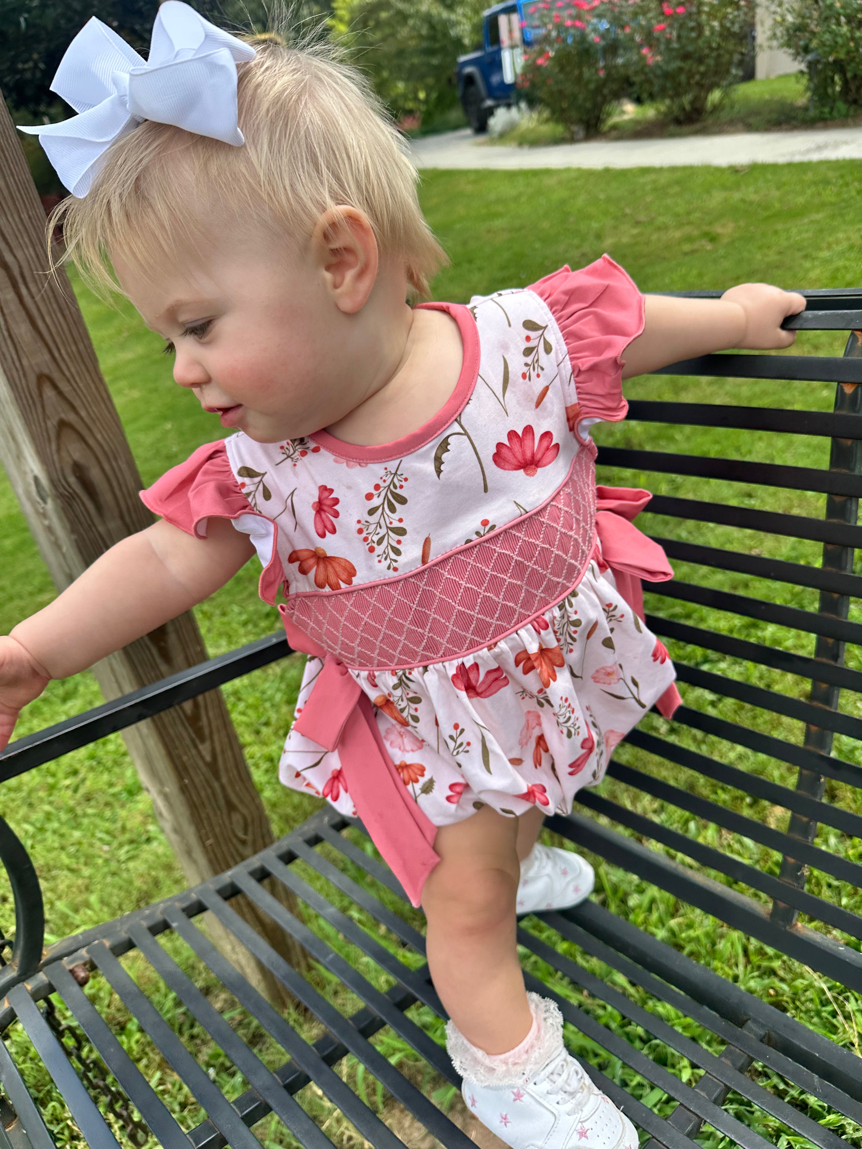 Hand Smocked Coral Floral Bubble