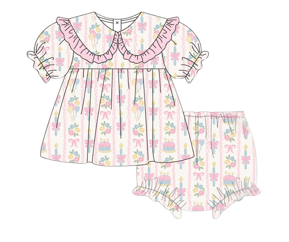birthday cake print dress and bloomer set for girls