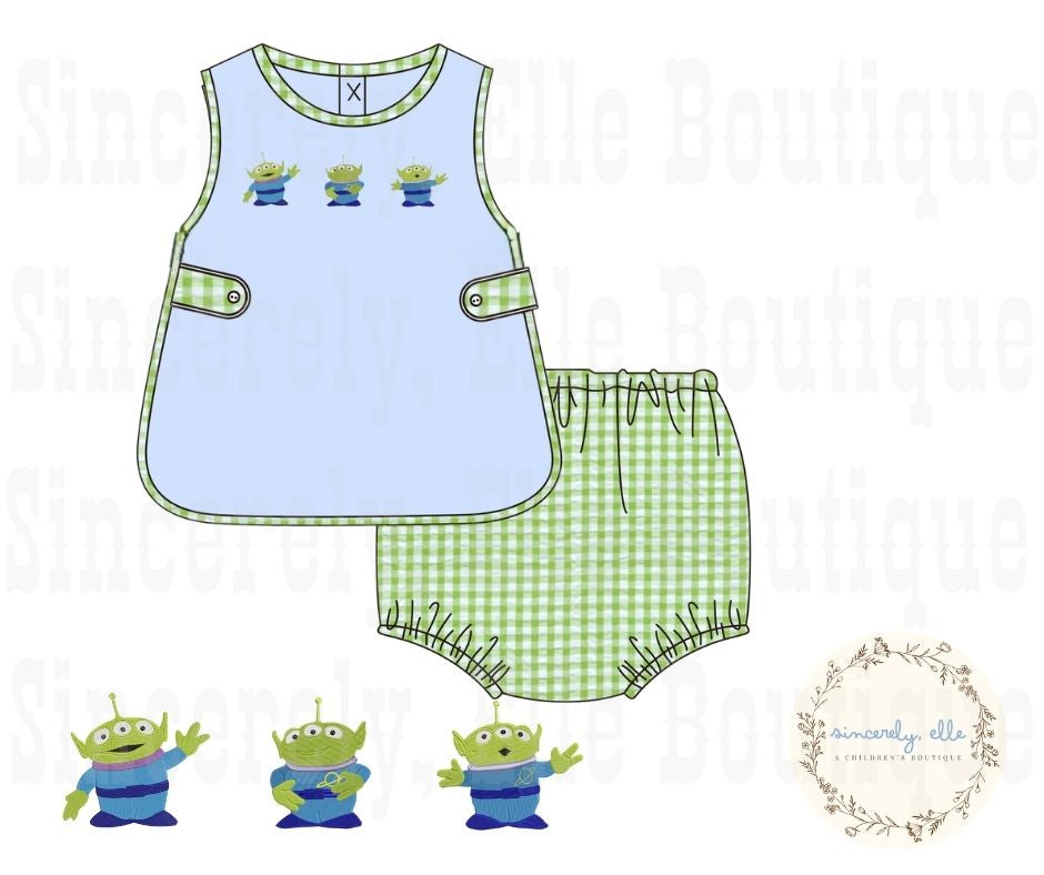 Boys alien apron set with embroidered alien design and green gingham bloomer