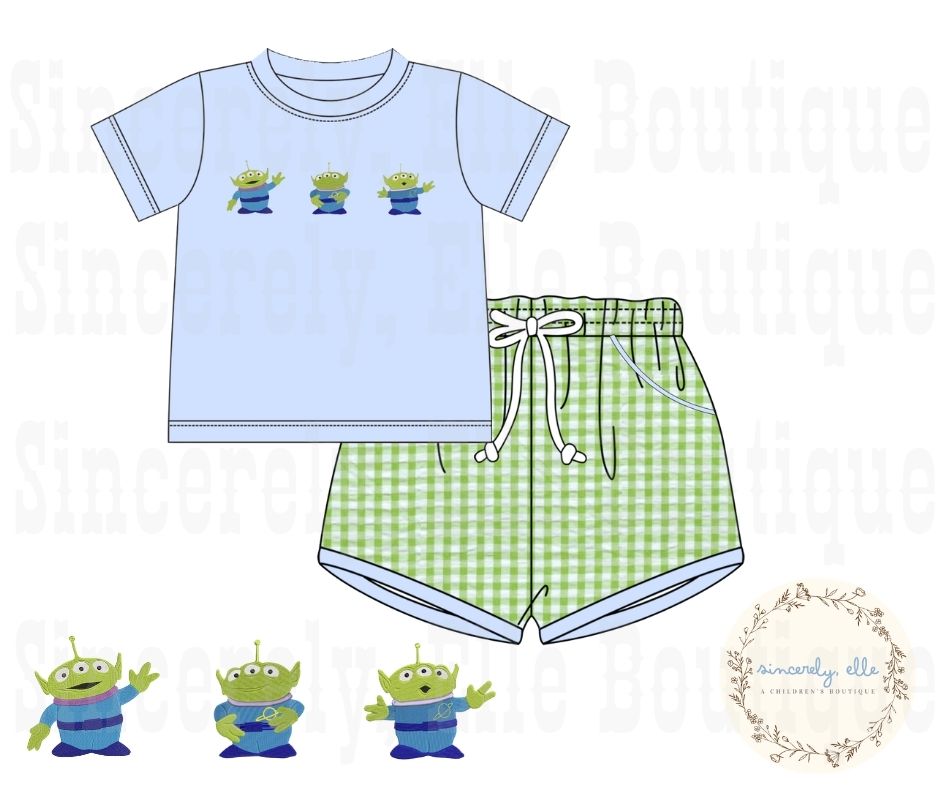 boys alien short set with embroidered alien top and green gingham shorts
