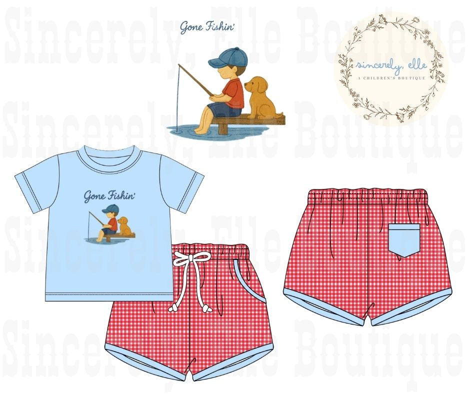 Boys gone fishin short set with fishing illustration and red gingham shorts