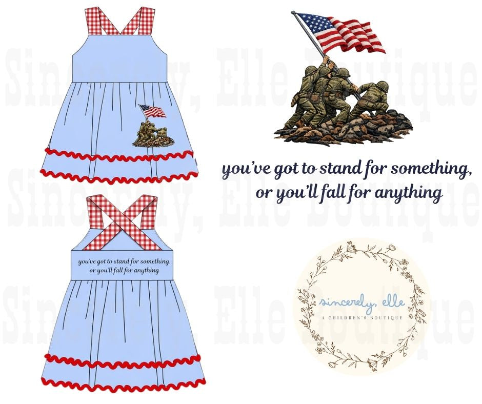 Back view of girls patriotic dress with inspirational quote and gingham straps