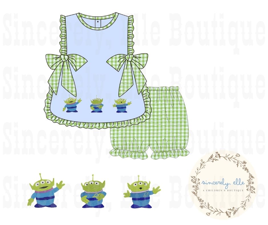 green alien apron bloomer set for girls front view