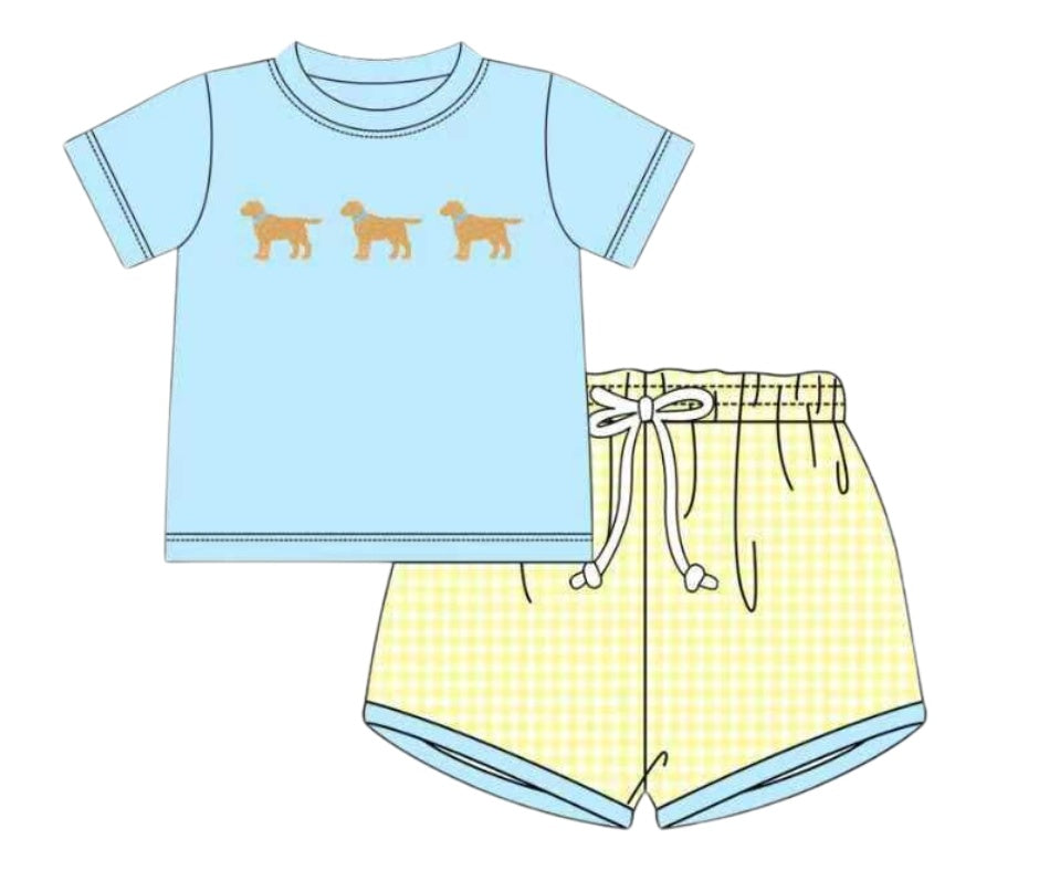 puppy appliqué short set for boys front view